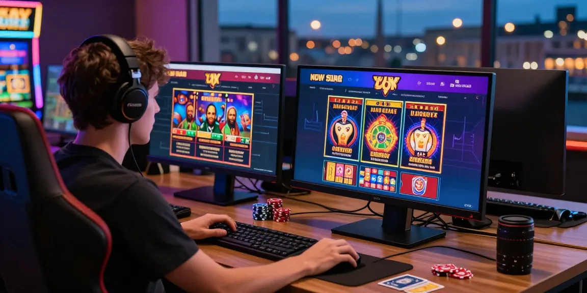 Engaging scene of a user enjoying new UK slot sites on a vibrant online casino platform, showcasing colorful slot machines.