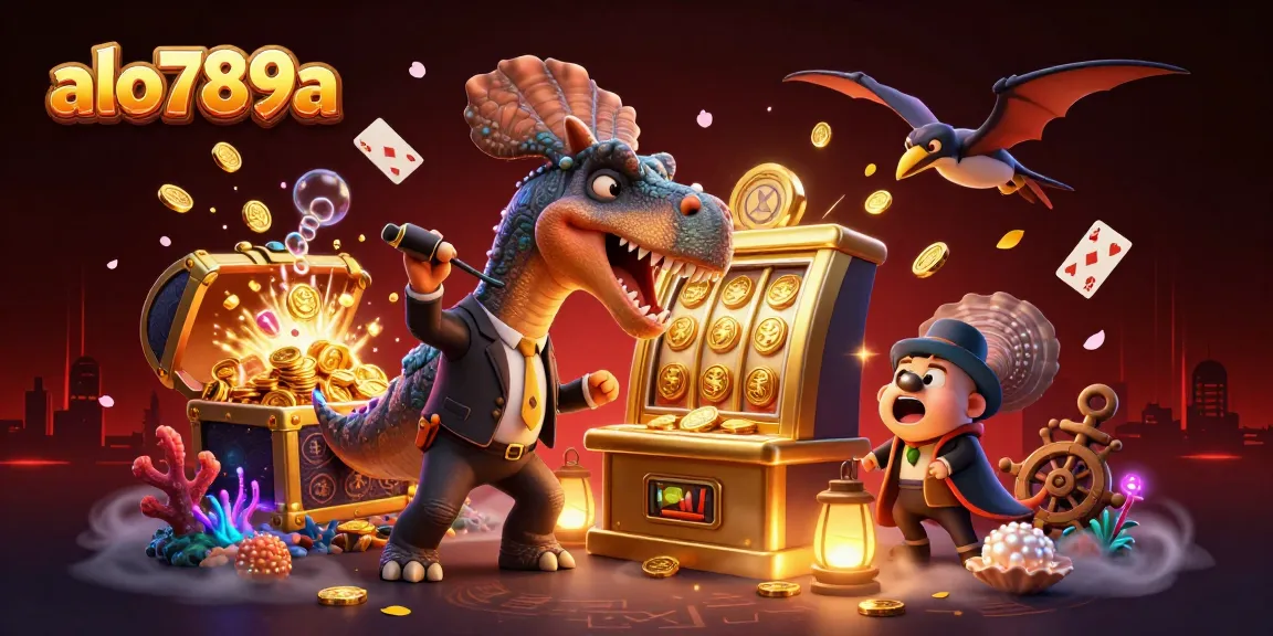 alo789a engages players with thrilling slot machine action, featuring 3D dinosaur characters in a vibrant casino scene.