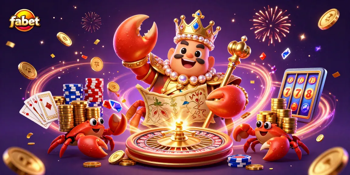 Bet on fabet with exciting symbols and a golden crab emperor in a vibrant casino scene.