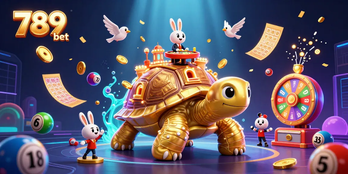 Win big with 789 bet at a vibrant casino scene featuring a golden tortoise and dynamic lottery balls.