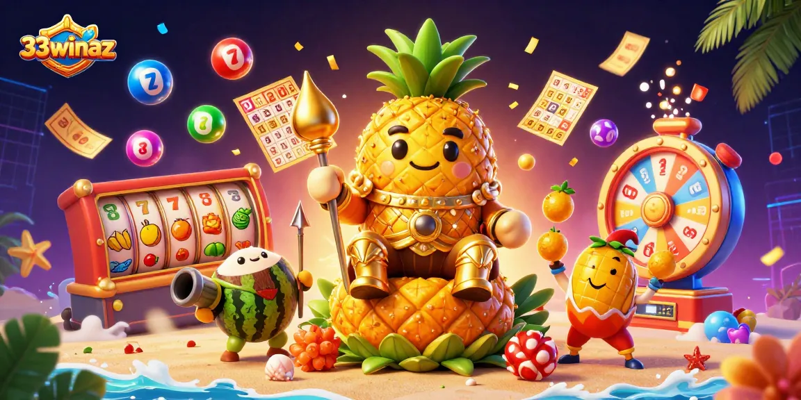 Engage with 33winaz through vibrant 3D scenes of casino excitement, featuring colorful lottery elements.
