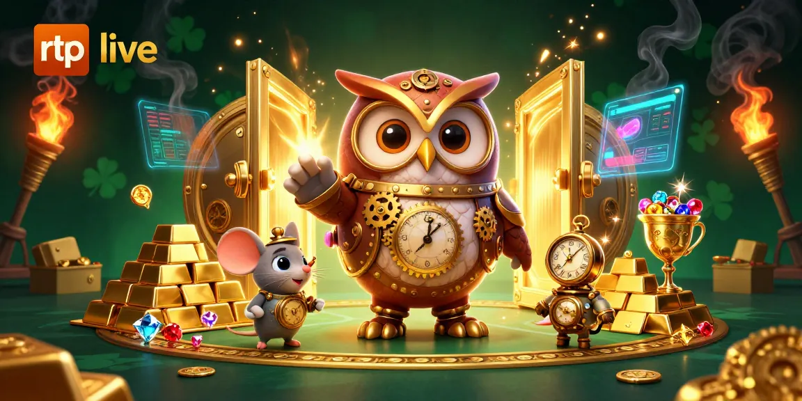 Experience thrilling rtp live gameplay with a time-traveler owl and steampunk elements in this vibrant casino scene.