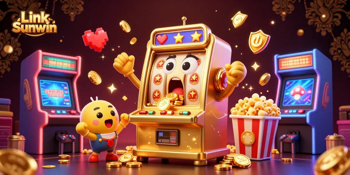 Join the excitement at Link Sunwin, where a golden slot machine celebrates its jackpot, surrounded by vibrant game elements.