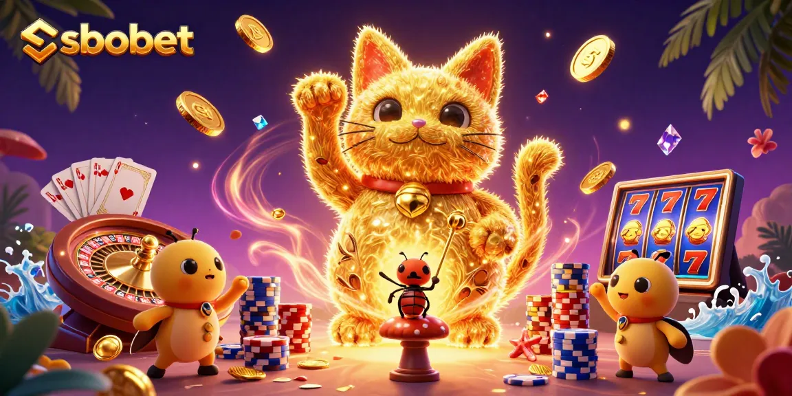 Experience sbobet's excitement with golden fireflies and casino symbols in a colorful 3D illustration.