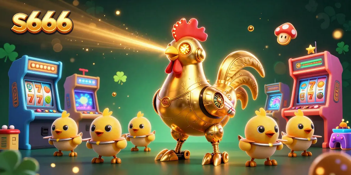 Engage with s666 gaming excitement featuring a golden rooster robot and arcade machines
