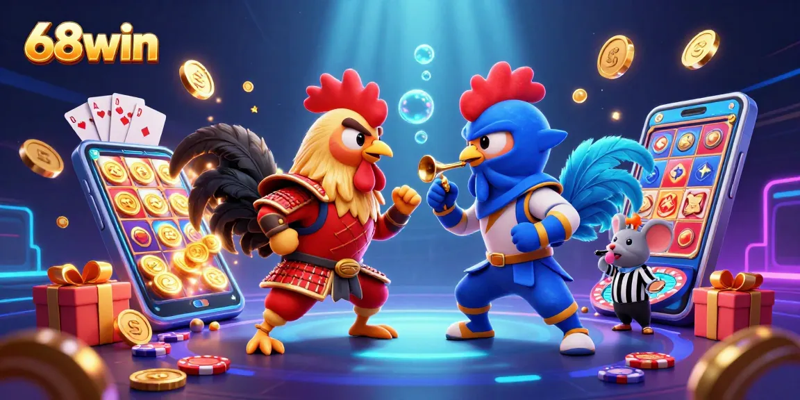 Experience the thrill of 68win with dynamic 3D fighting roosters among vibrant casino elements.