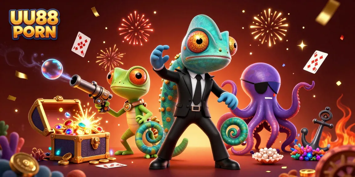Engage with the vibrant underwater world of UU88 PORN showcasing a Bond-style chameleon and a tech-savvy gecko amidst gold coin explosions and magical elements.
