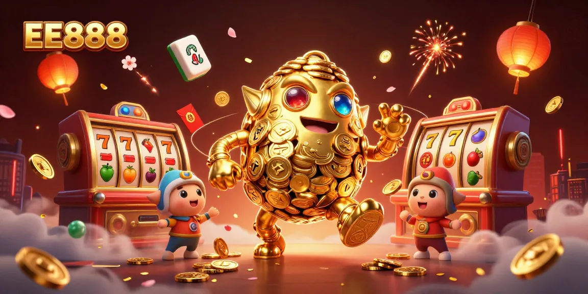 Win big at EE888 with vibrant 3D gold characters and slot machines celebrating casino luck.