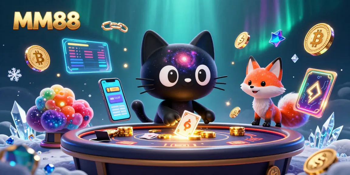 Experience MM88 casino thrills with a dynamic cosmic scene of a black hole cat and colorful nebula fox.