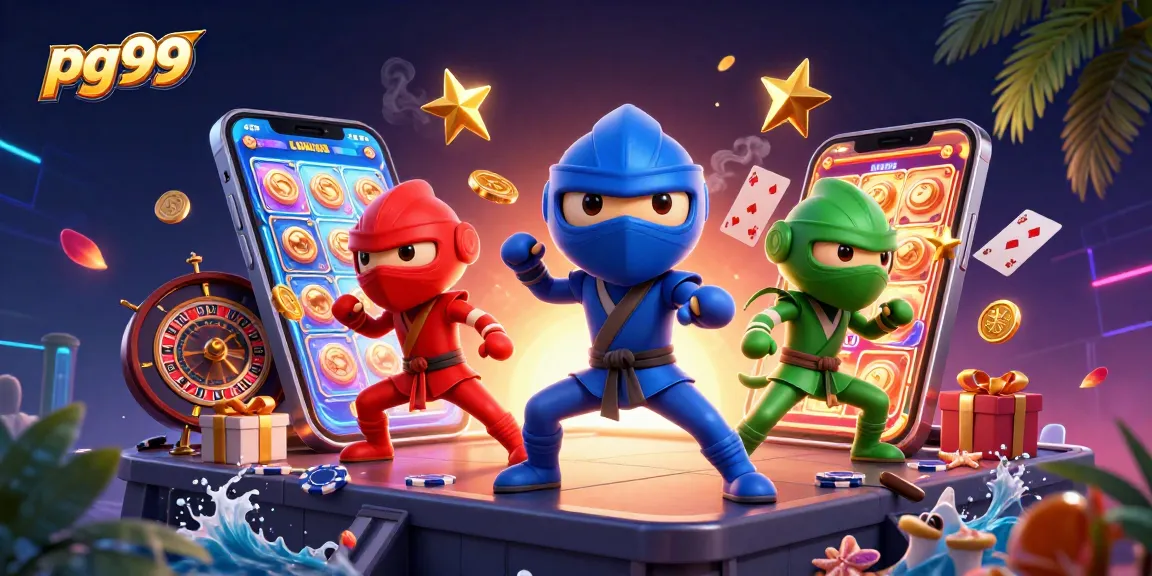 Engage with pg99's thrilling casino experience featuring a cartoon ninja chameleon team amidst gaming elements.