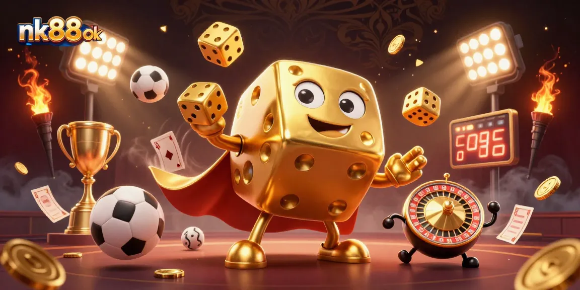 Experience thrilling games at nk88ok with a vibrant, dynamic casino scene featuring golden dice and active sports elements.