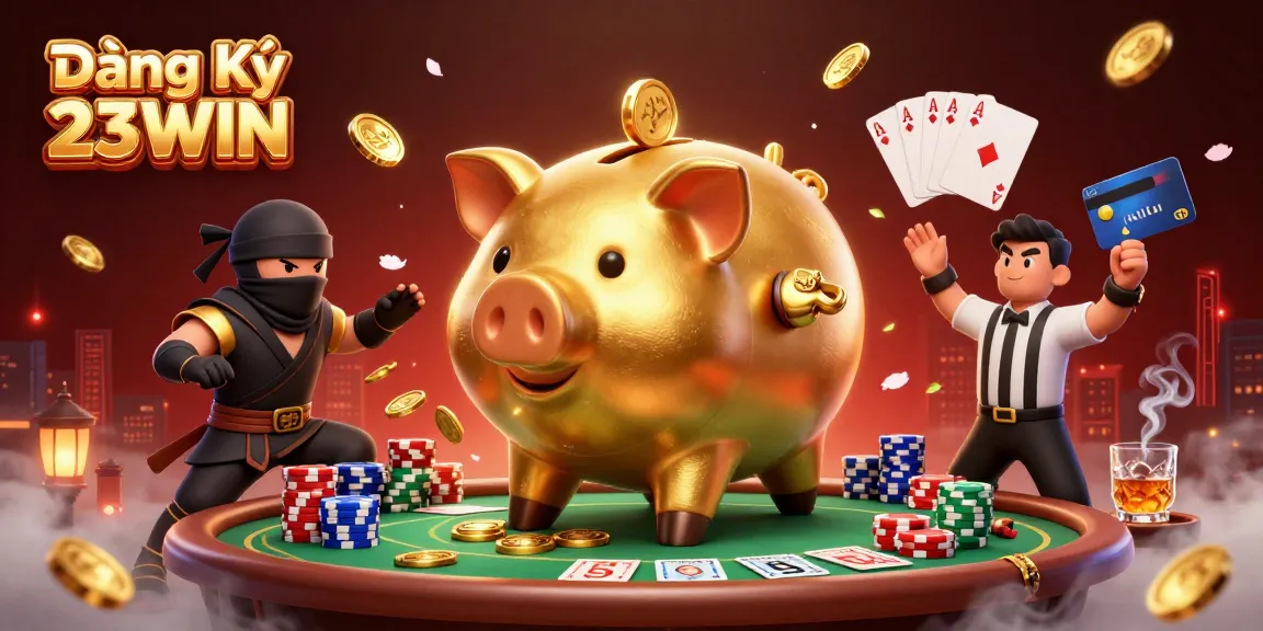 Engage with Đăng Ký 23WIN as a golden piggy bank wrestler, battling a ninja over poker chips.