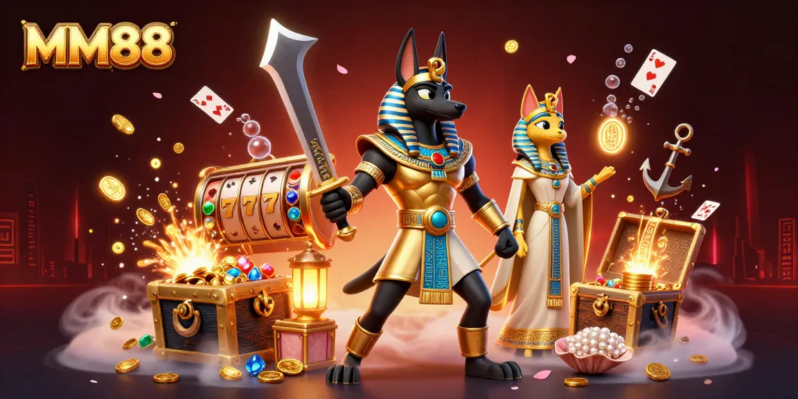 Experience thrilling casino action with MM88's Egyptian theme, featuring Anubis, Bastet, and dynamic game elements.
