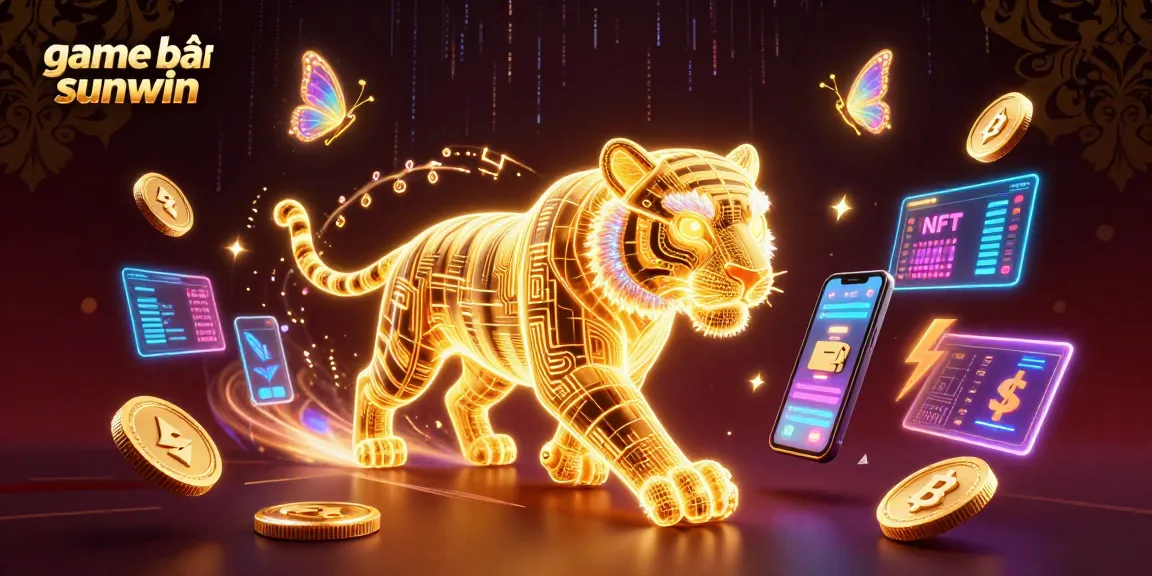Experience game bài sunwin in a vibrant digital casino with neon elements and holographic details