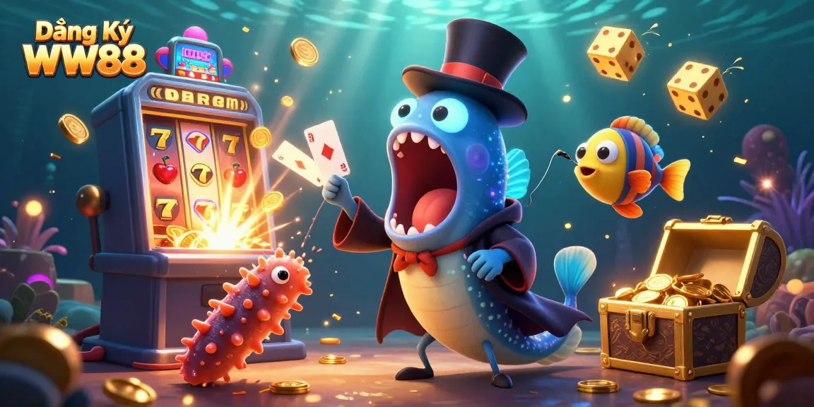 Experience the thrill of Đăng Ký WW88 with a vibrant underwater casino scene featuring playful sea creatures.