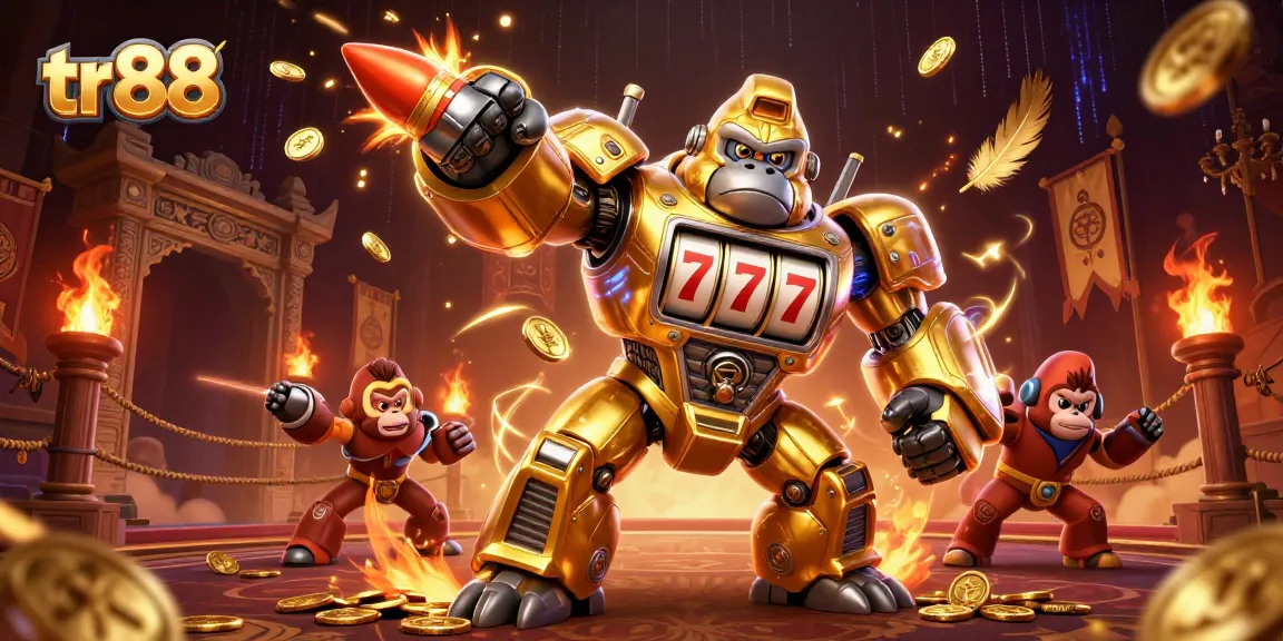 Engage with tr88's 3D golden gorilla mech transforming the casino experience amidst gold coins and vibrant elements.